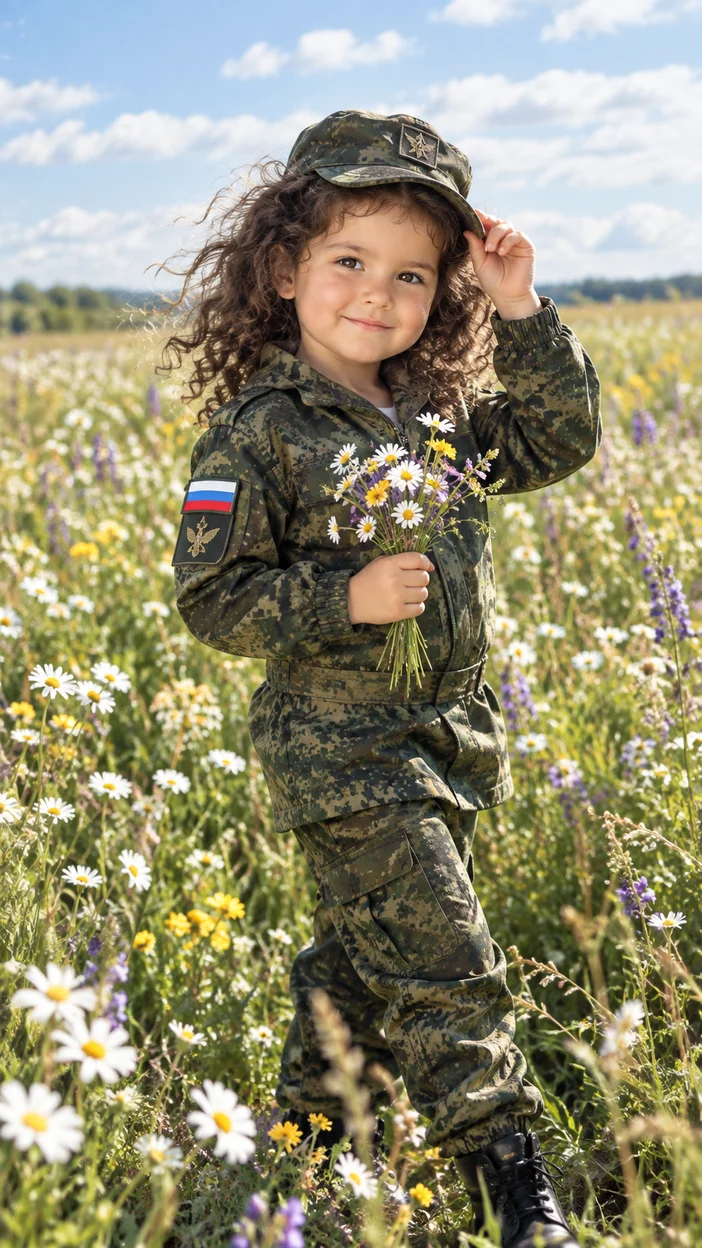 Фотосессия девочки на цветущем поле среди ромашек в детской русской форме с кепкой и шевроном
