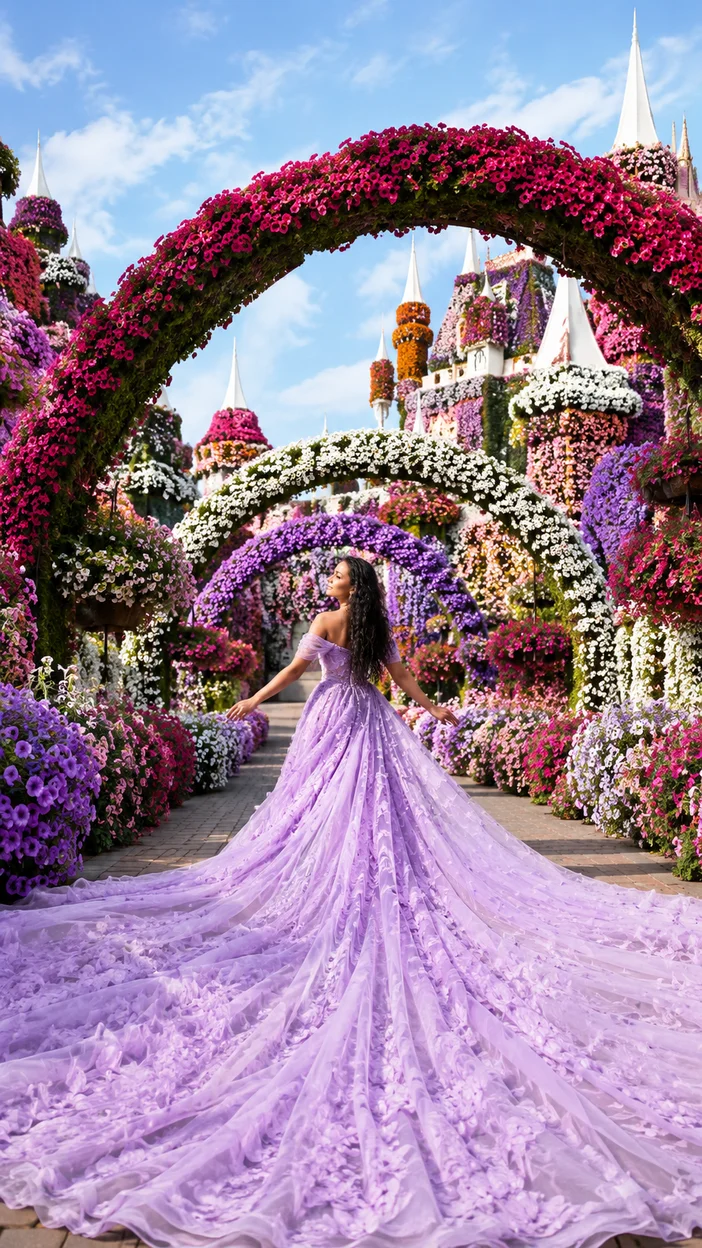 Фотосессия девушки в сиреневом платье в Dubai Miracle Garden