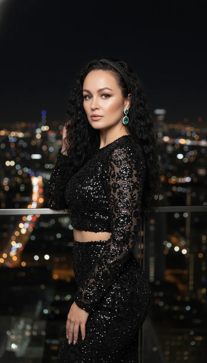 ночная глянцевая фотосессия на фоне городских огней