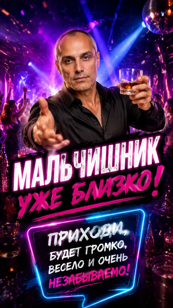 Фотооткрытка клубной ночи с текстом «Мальчишник уже близко! Приходи, будет громко, весело и очень незабываемо!»