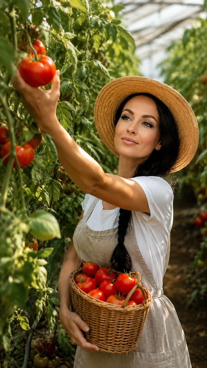 Фотосессия девушки в рабочем фартуке в теплице с помидорами
