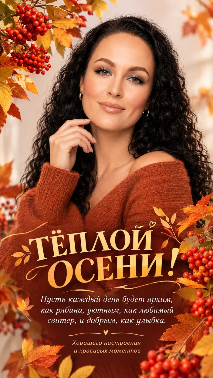 Фотосессия студийный коллаж‑открытка с текстом «ТЁПЛОЙ ОСЕНИ!» — девушка на ягодном фоне в осеннем образе с ветвями рябины, возраст по референсу