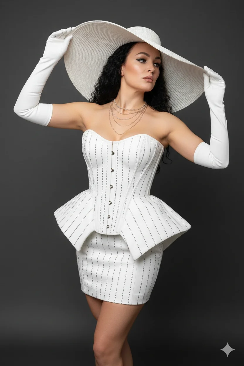 Женщина в белом корсетном мини-платье с широкой шляпой