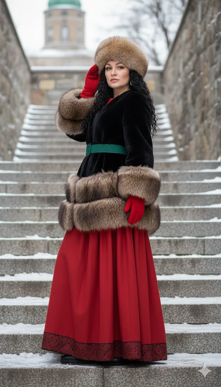 Женщина на заснеженной лестнице в чёрной шубе - русский стиль 