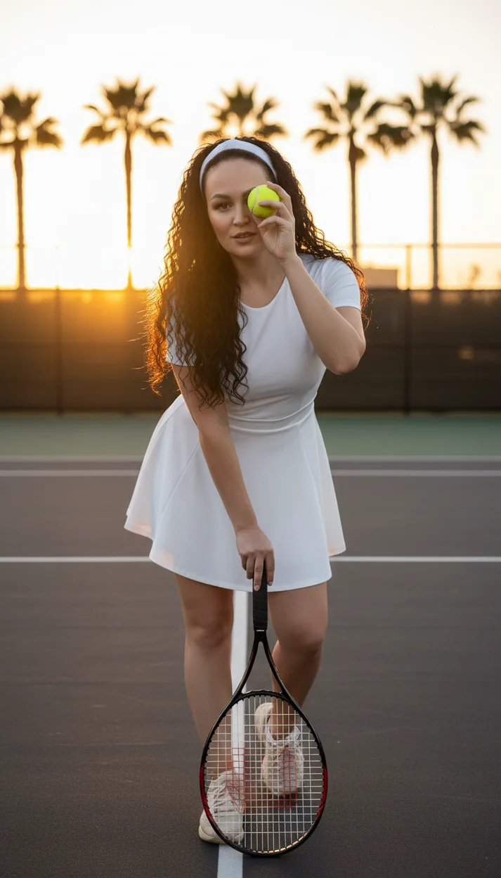  Женщина на теннисном корте в белом платье с мячом у лица 