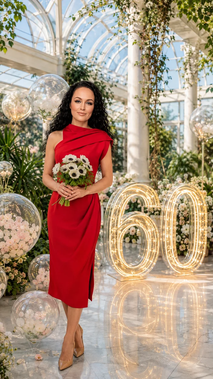 Фотосессия женщины 60 лет  в красном платье в зимнем саду
