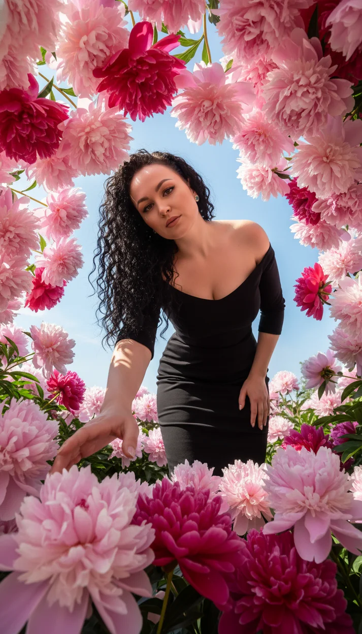  Девушка среди пионов, вид снизу, смотрит в камеру