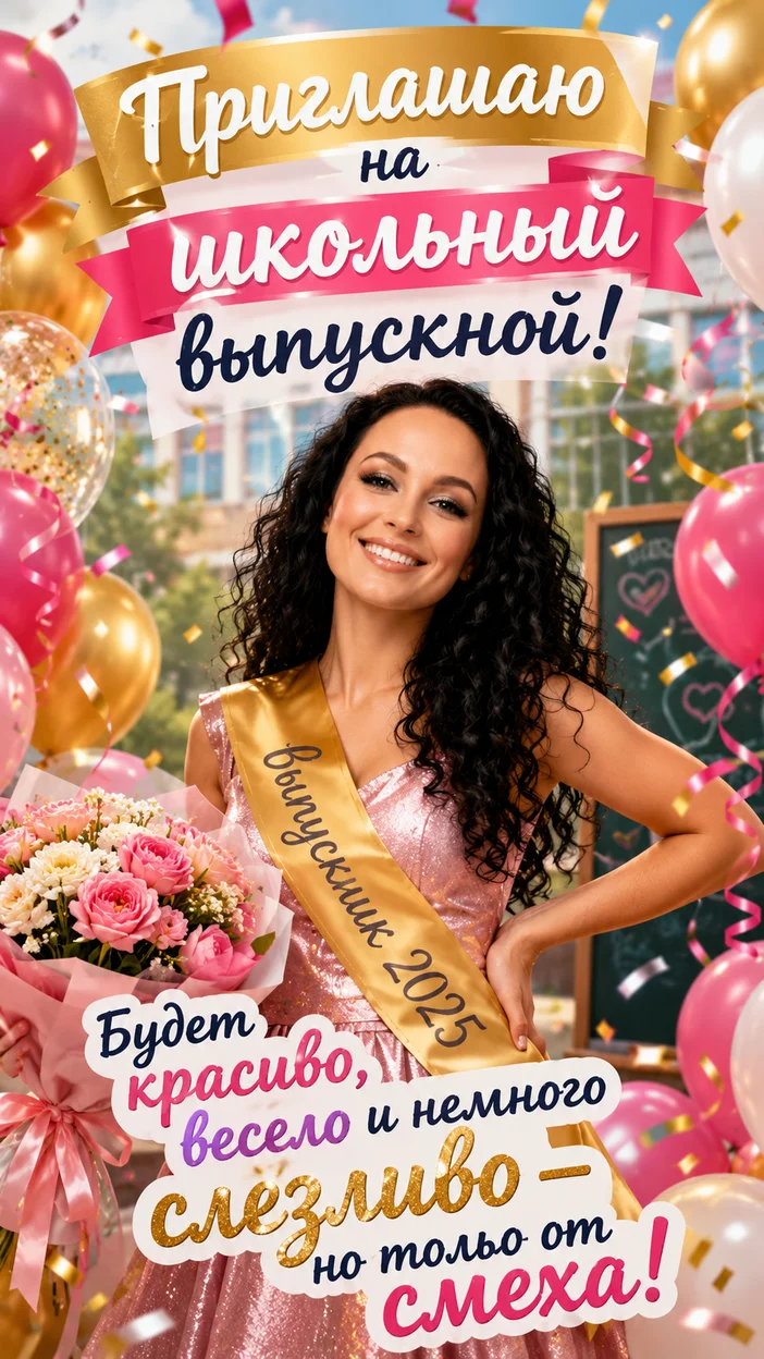 Фотооткрытка школьный выпускной с текстом «Приглашаю на школьный выпускной! Будет красиво, весело и немного слезливо — но только от смеха!»