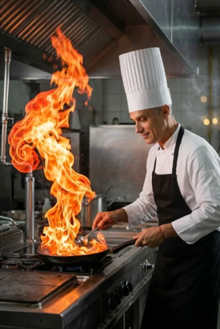 Повар в белом кителе и высоком колпаке у плиты с мощным пламенем 