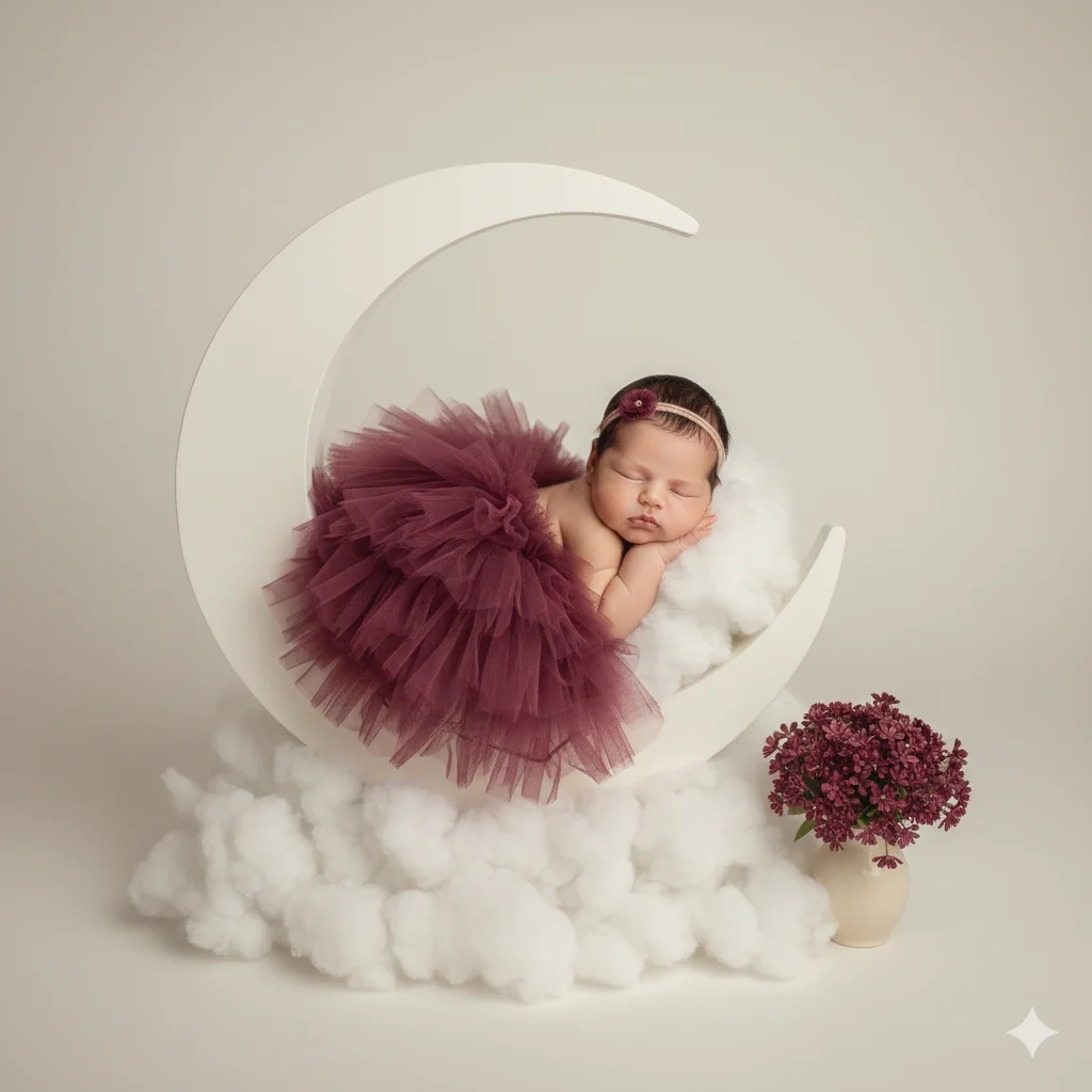 Малыш в бордовом платье спит на луне