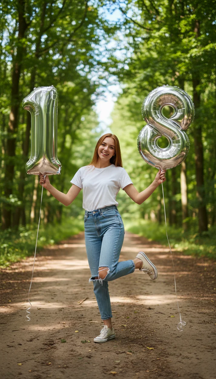  Фотосессия на 18 лет с шарами в руках на лесной дороге