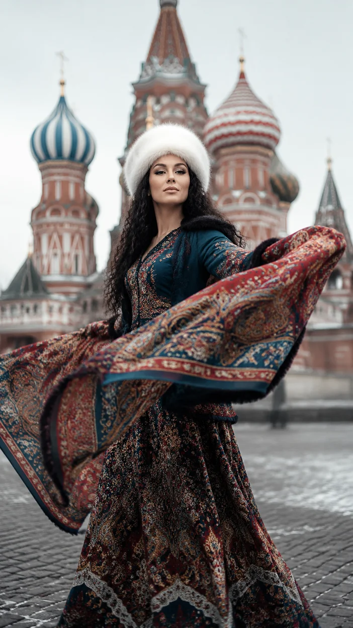 Фотосессия девушки в этническом образе у собора Василия Блаженного