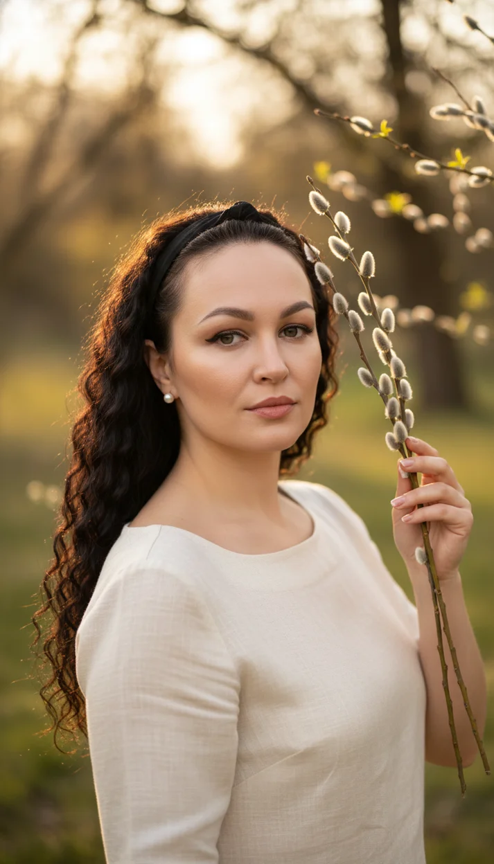 Портрет с вербой в лучах закатного света