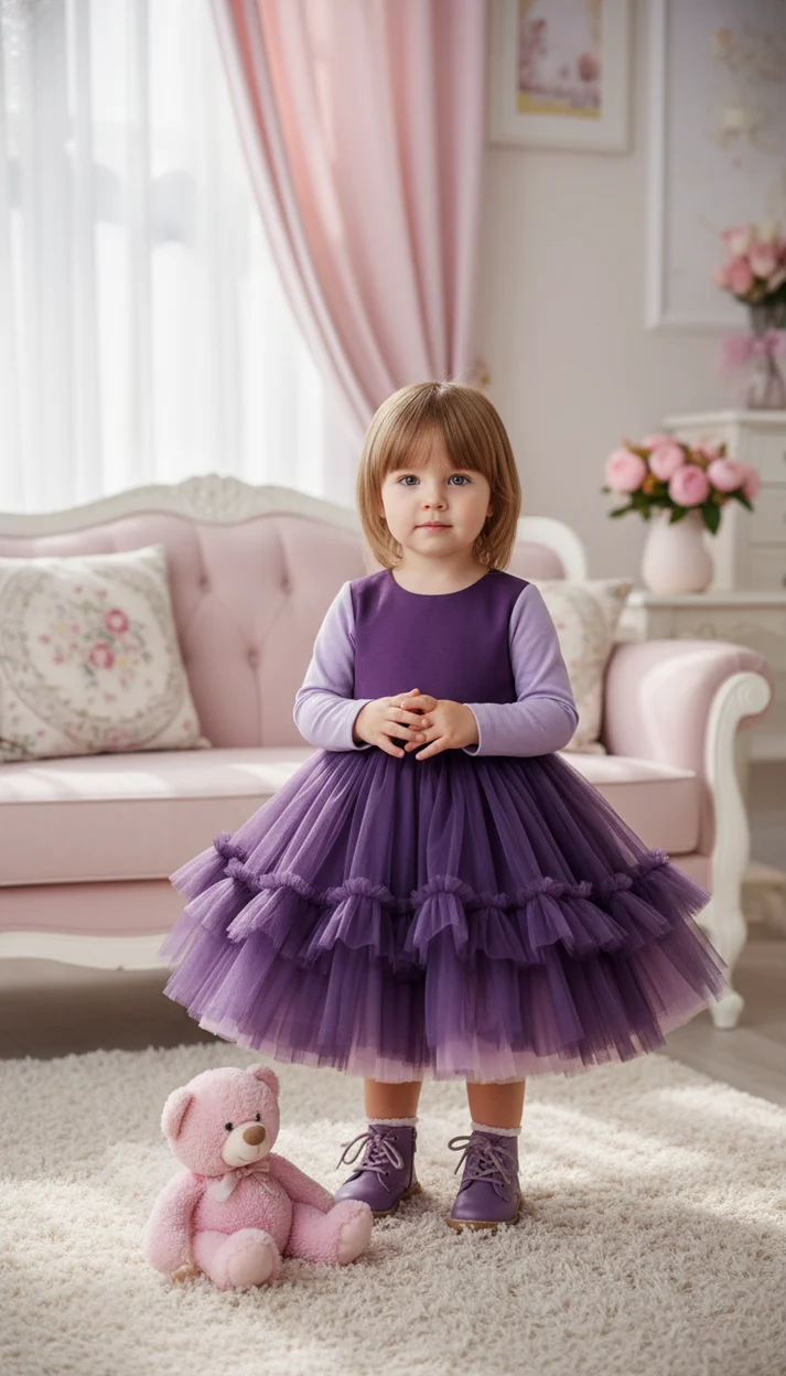 Портрет ребёнка в фиолетовом платье в уютной детской комнате