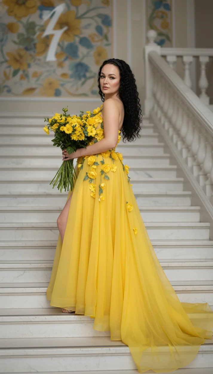  Девушка на лестнице в желтом платье с цветами