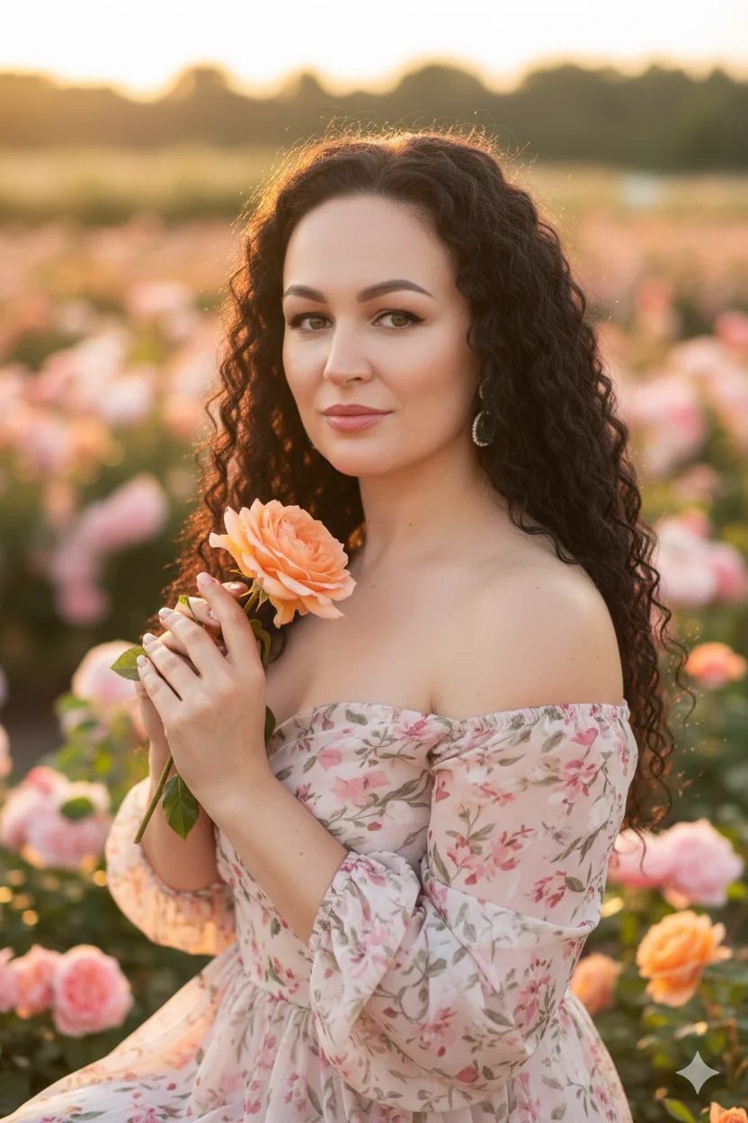 девушка в цветущем саду с розами