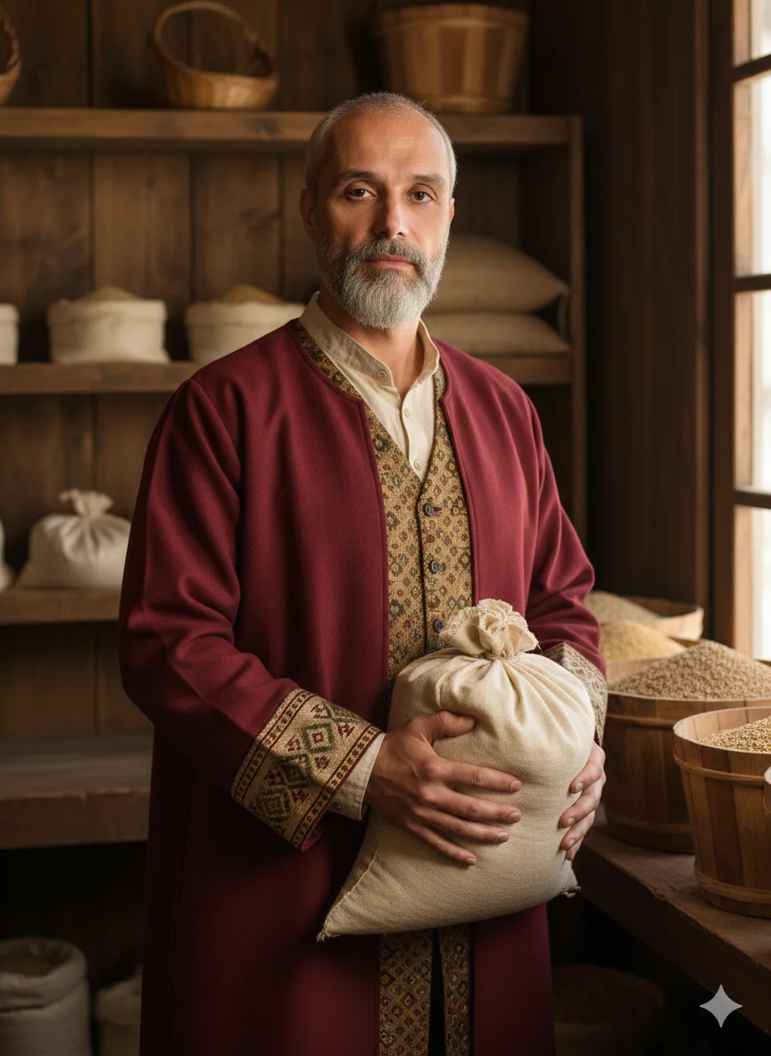 Мужчина в красном кафтане с бородой держит мешок с зерном