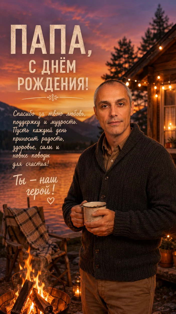 Фотосессия папы у озера —  - Открытка с пожеланием на ДР