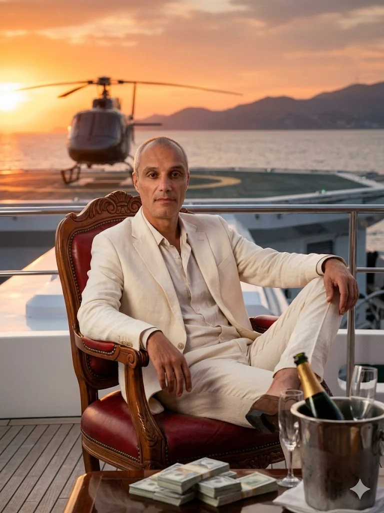 Мужчина в светлом костюме в кресле на яхте с деньгами и вертолётом на фоне 