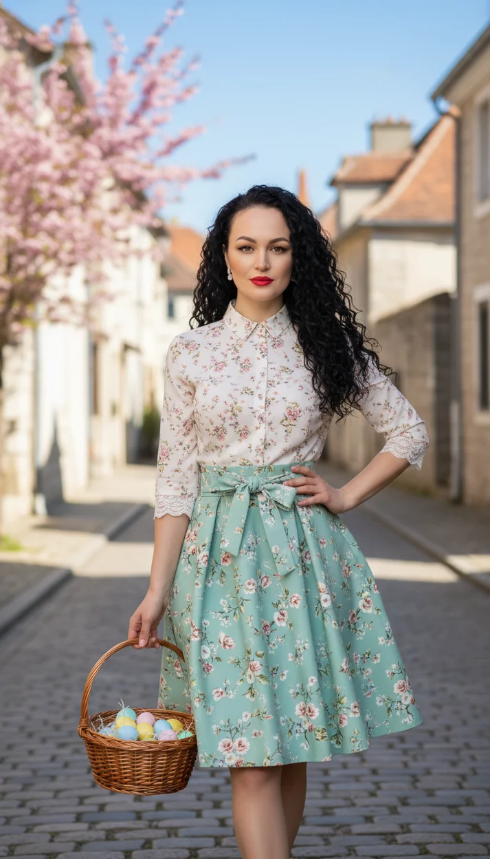  Женщина в цветочной блузе и мятной юбке идёт по солнечной улице с корзиной пасхальных яиц 