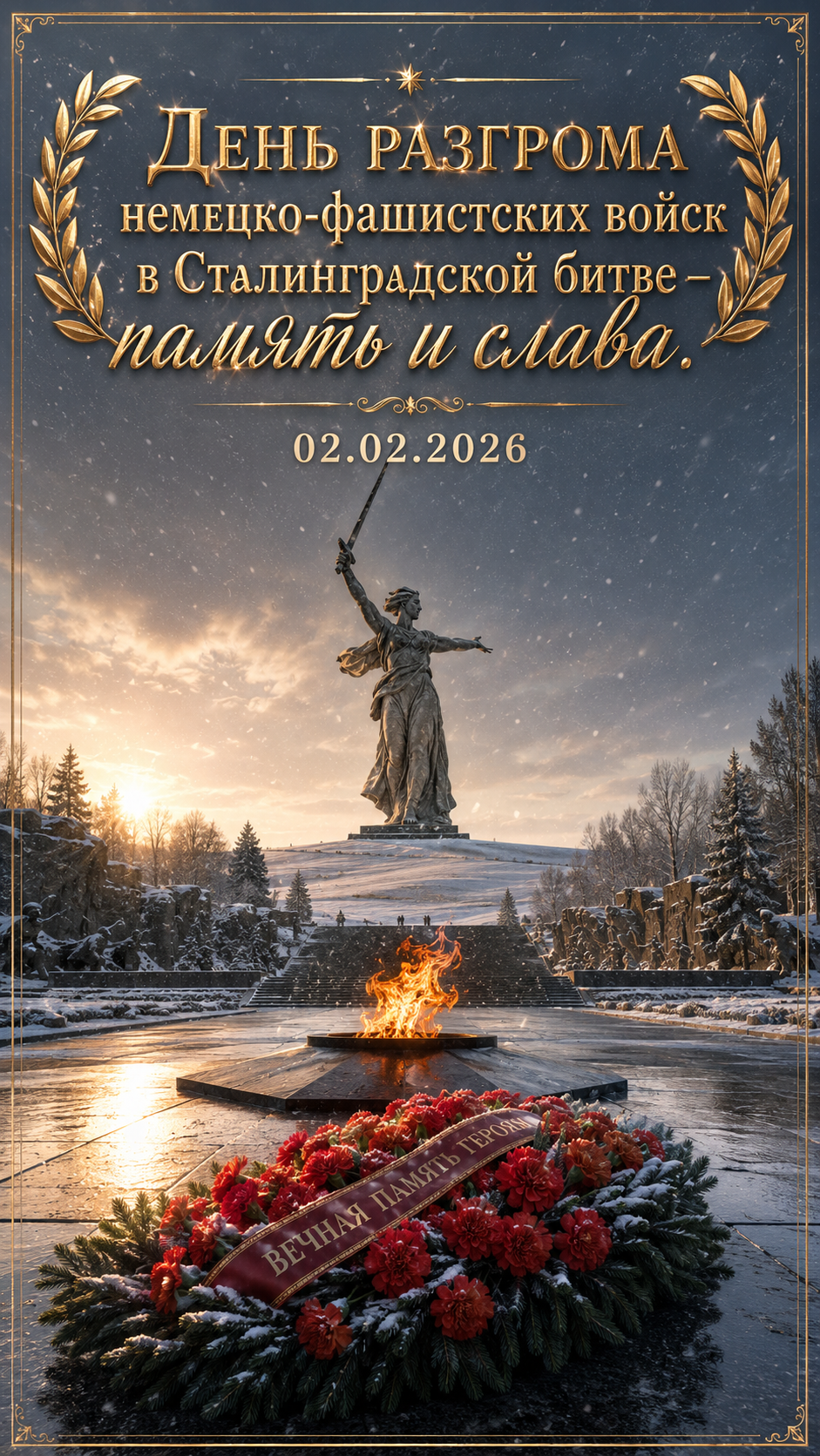 День разгрома советскими войсками немецко-фашистских войск в Сталинградской битве — 02.02.2026 — торжественная открытка с Мамаевым курганом