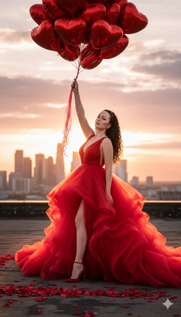Женщина на крыше города в алом пышном платье с облаком красных шаров