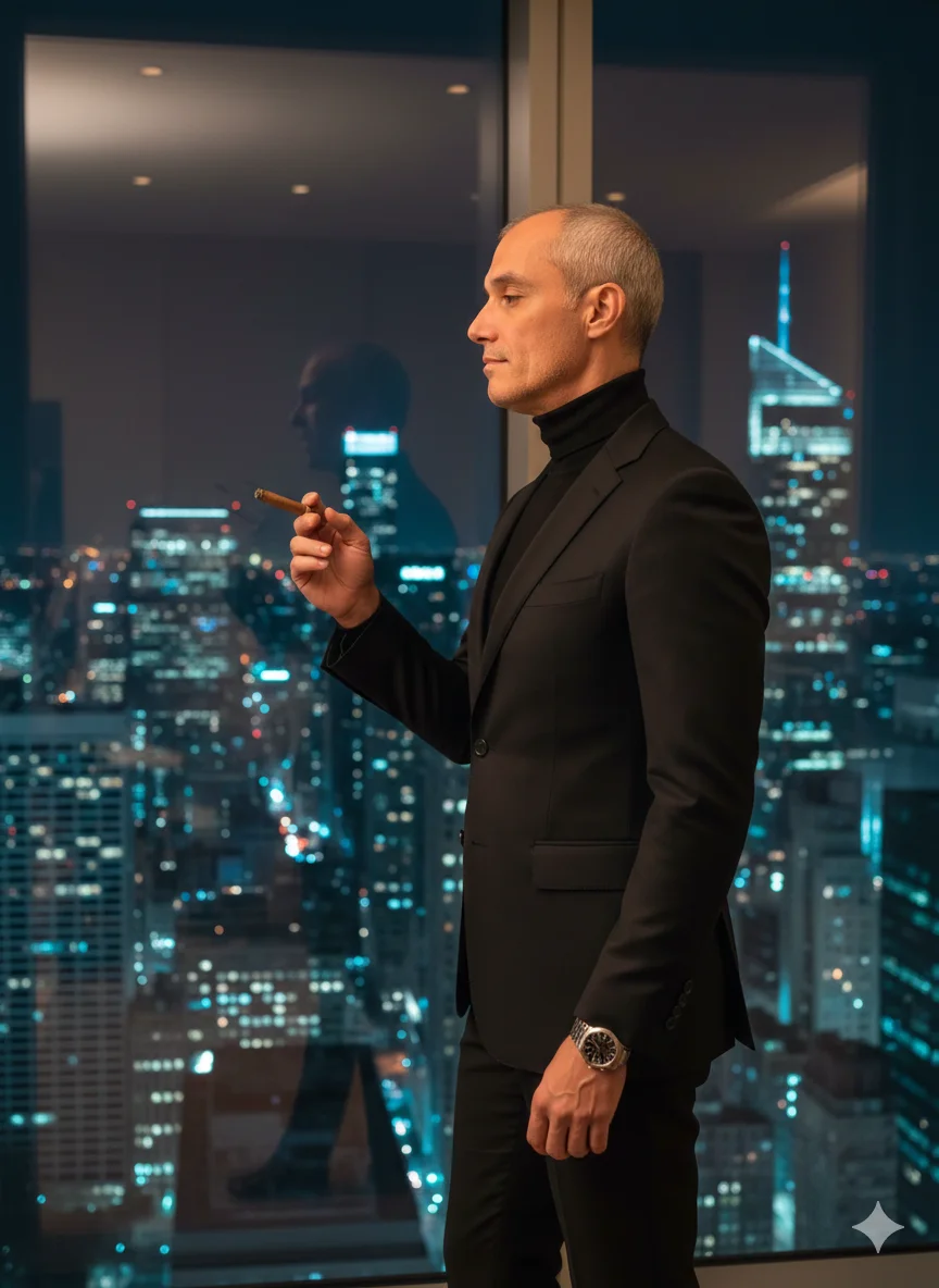 Мужчина у панорамного окна небоскрёба в тёмном костюме