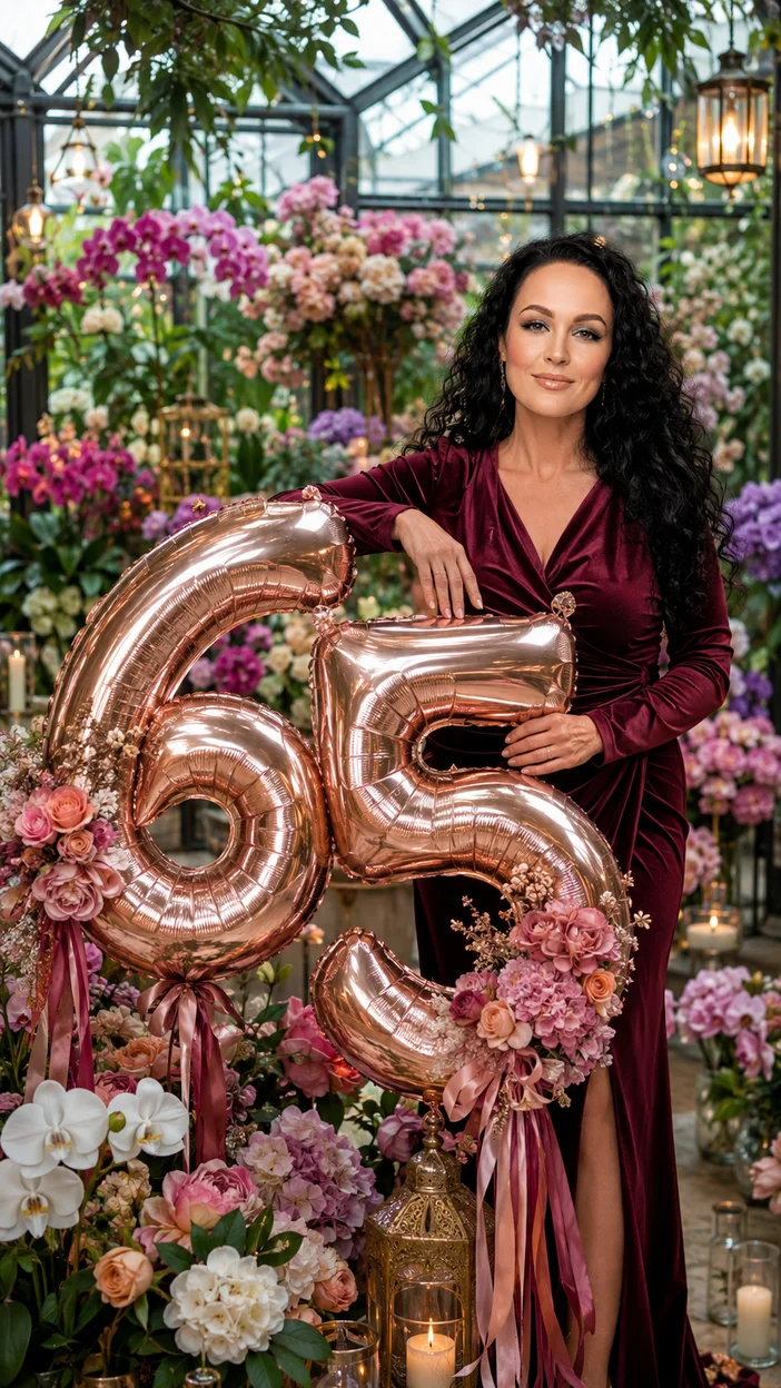 Фотосессия женщины 65 лет в вечернем платье в оранжерее