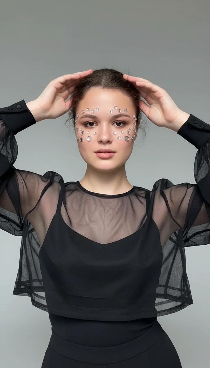 Девушка в студии на сером фоне в чёрном прозрачном топе