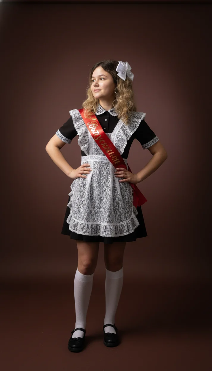 Девушка в школьной форме с красной лентой на тёмном фоне