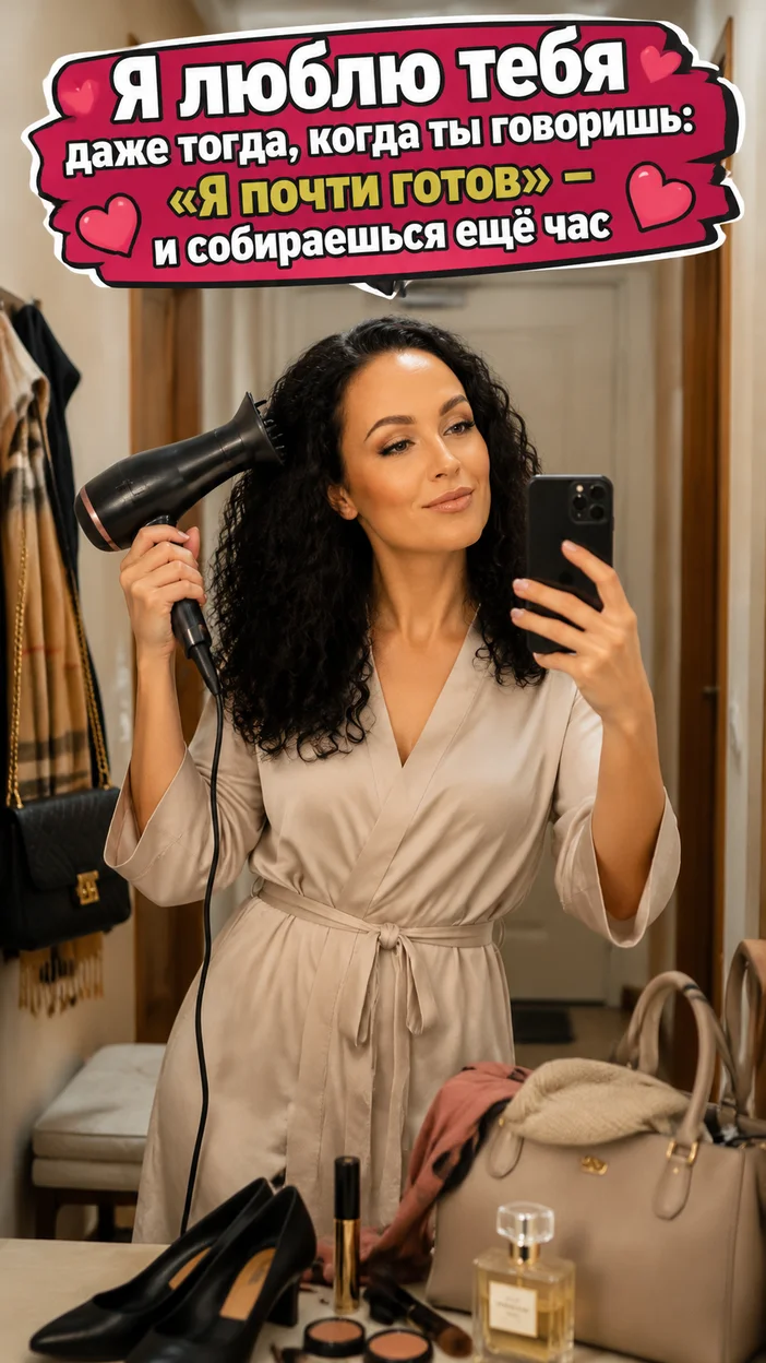 Фотооткрытка для любимого человека с текстом "Я люблю тебя даже тогда, когда ты говоришь: „Я почти готов“ — и собираешься ещё час"