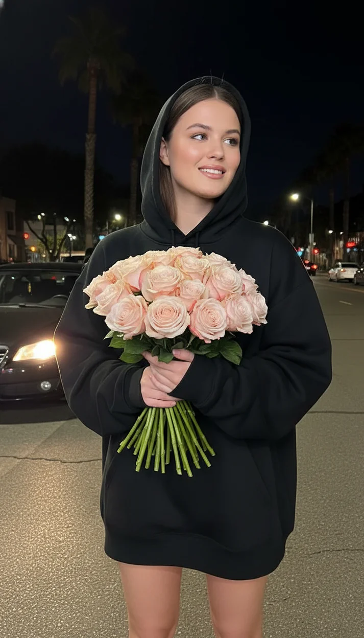 Девушка ночью на улице у машины в чёрном худи с капюшоном держит большой букет роз 