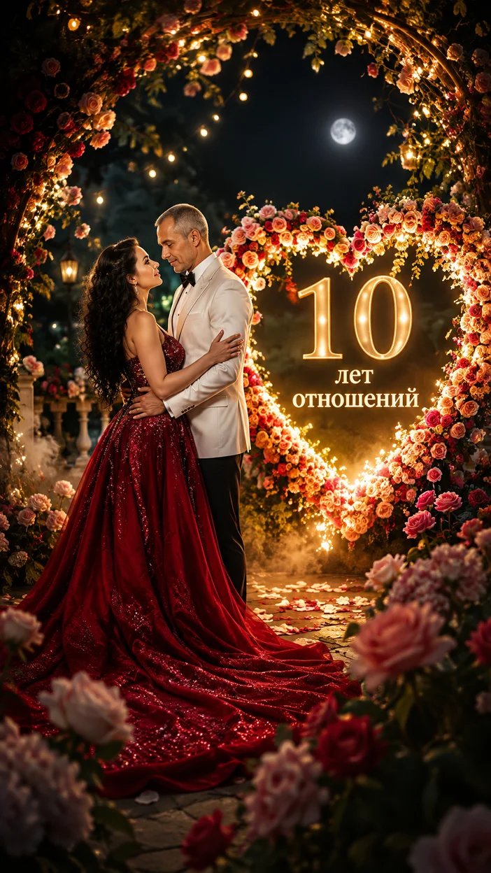 Фотооткрытка паре на 10 лет с текстом "10 лет отношений"