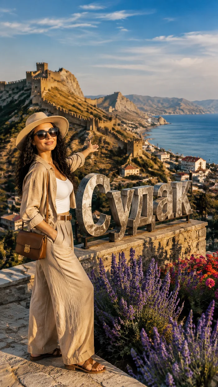 Фотосессия девушки в сафари-образе в Судаке