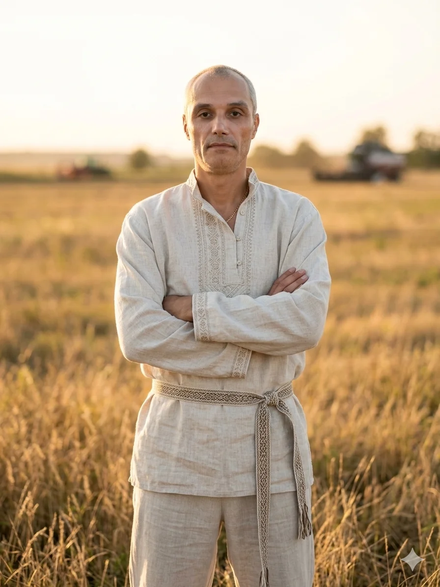 Мужчина в традиционной рубахе с поясом стоит в поле со скрещёнными руками