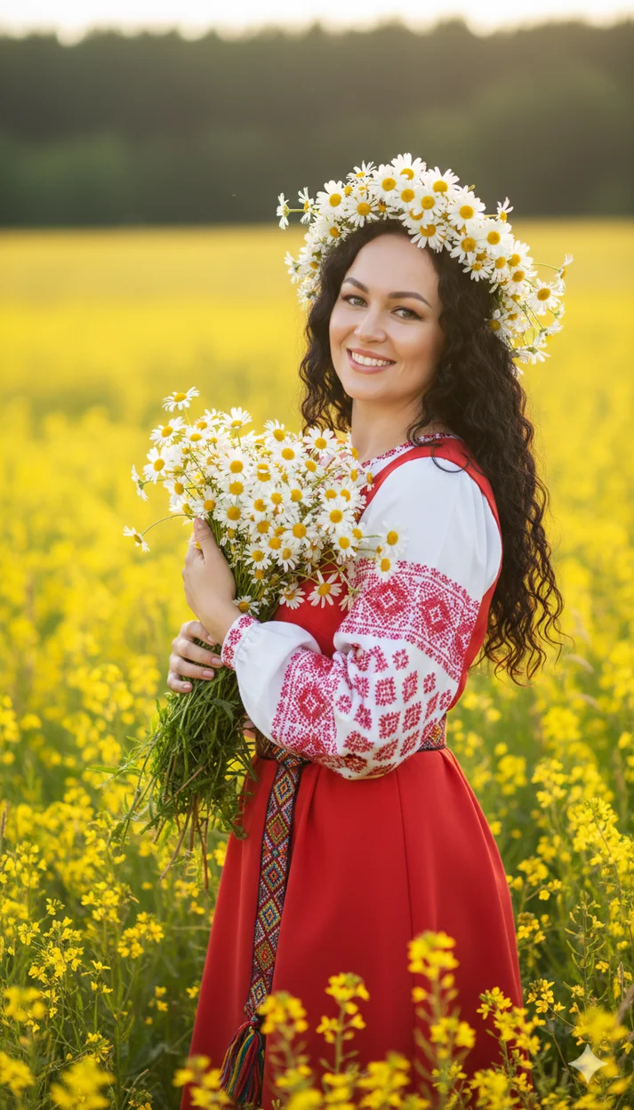 Женщина в красном сарафане с венком из ромашек