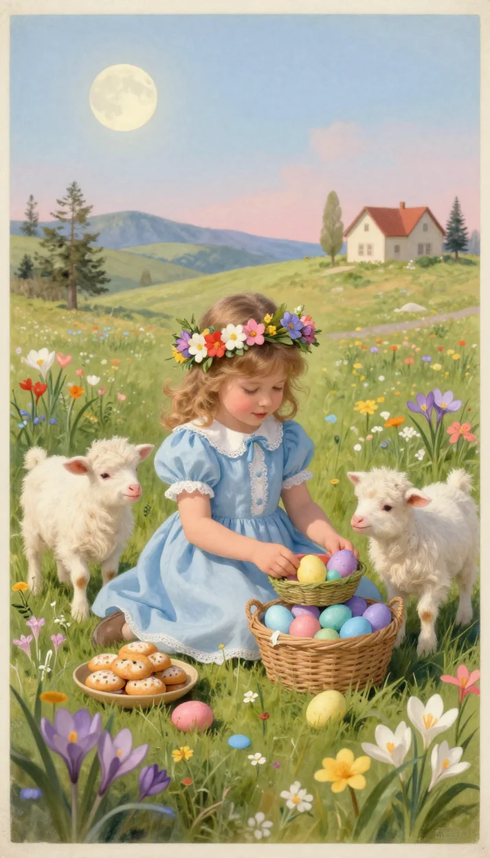 Пасхальная сцена с девочкой и ягнятами в цветущем поле