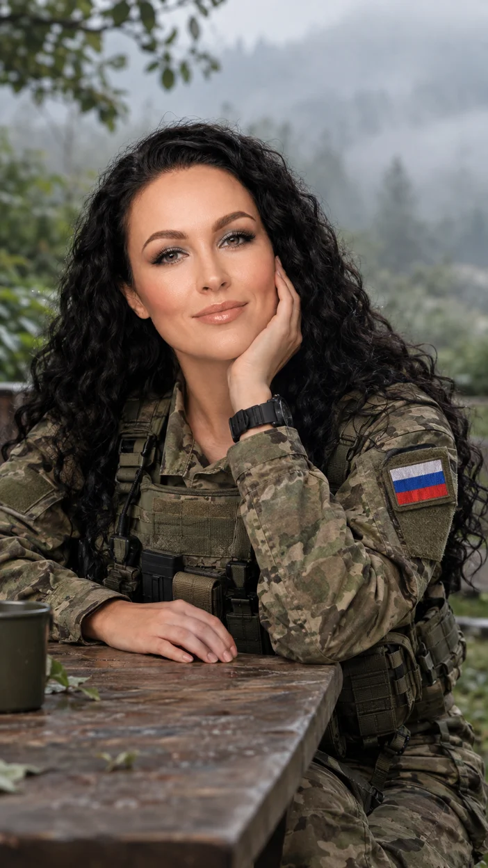 Фотосессия отдых у деревянного стола — девушка в современной русской военной форме