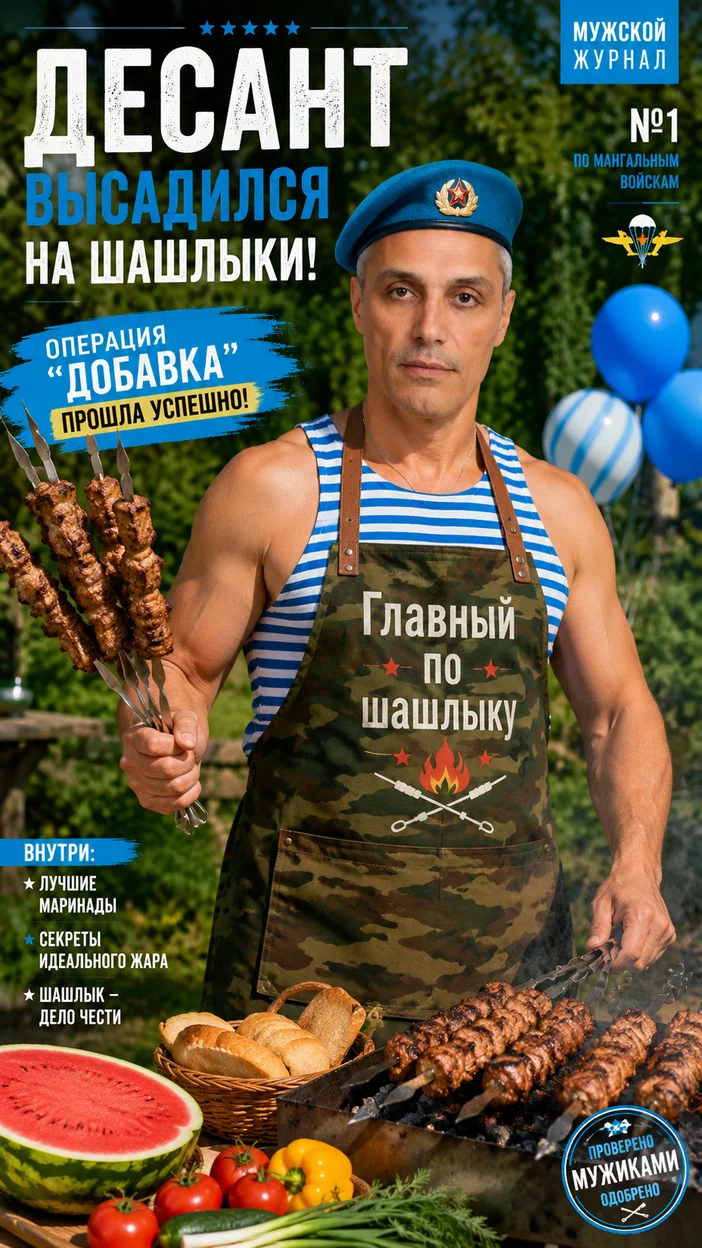 Фотосессия мужчины у мангала в камуфляжном фартуке