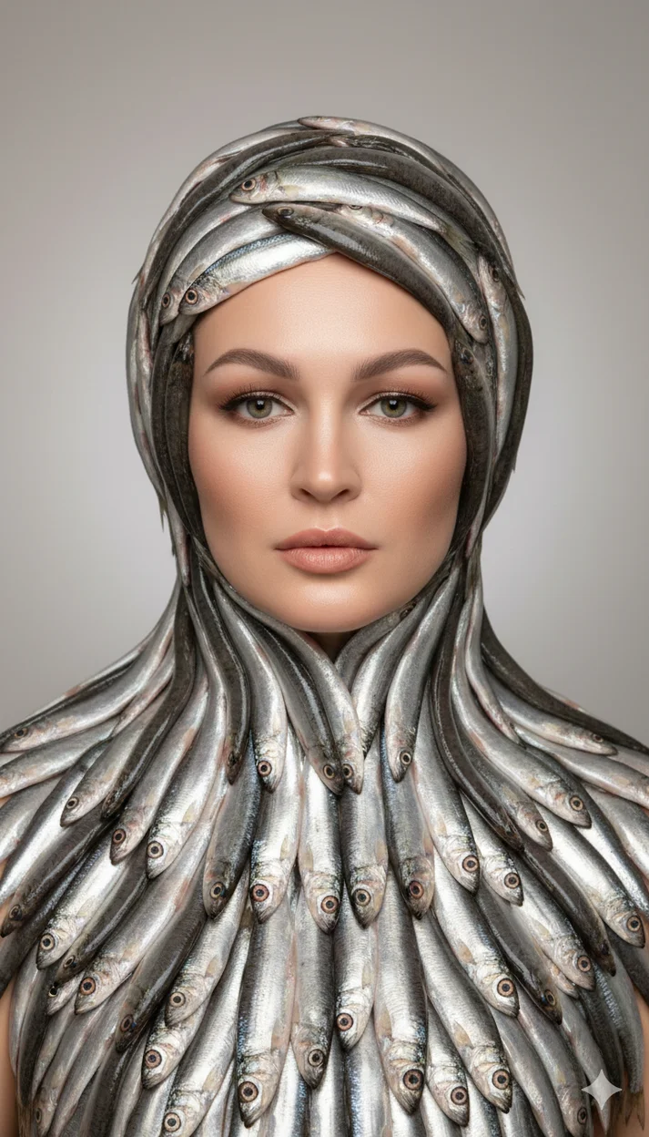 Девушка с композицией из рыбы на голове