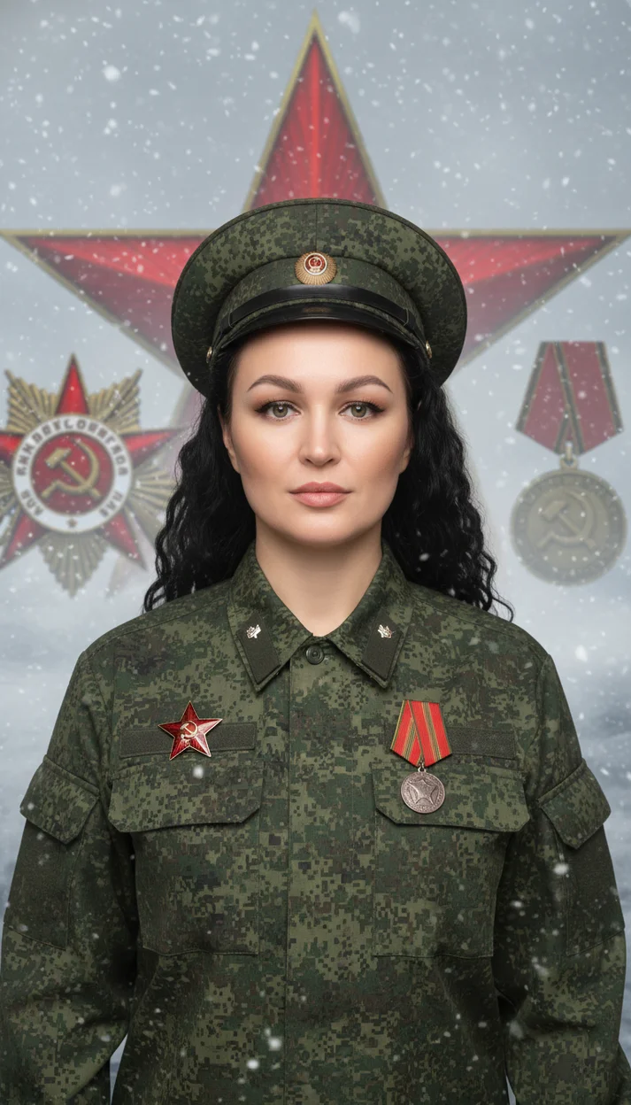 Женщина в военной форме с медалями на фоне звезды и орденов