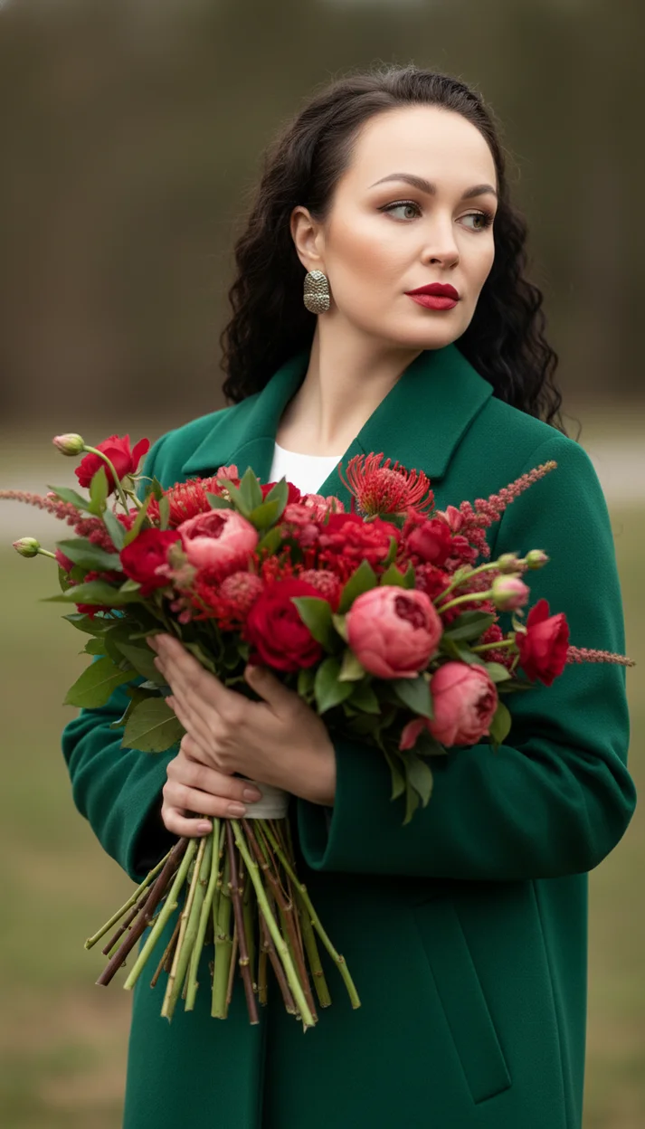  Женщина на улице в зелёном пальто с большим букетом красных цветов