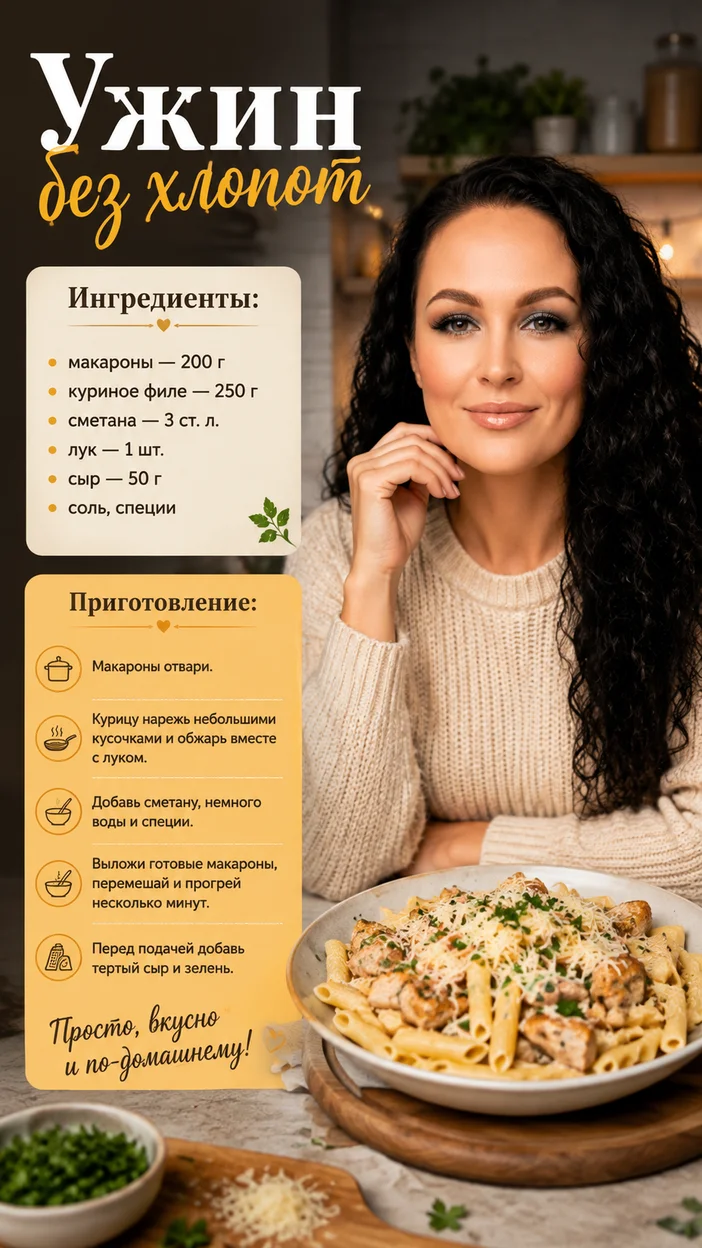 Фотосессия домашнего ужина с курицей и макаронами