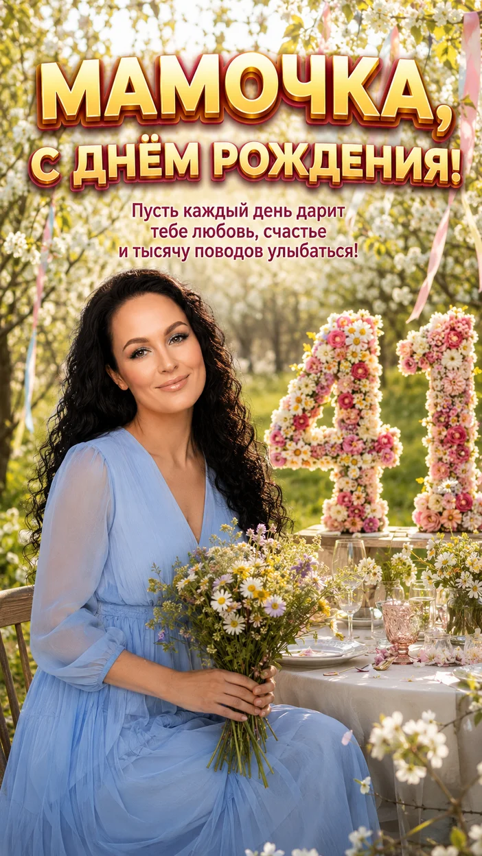 Фотооткрытка маме на 41 год с поздравлением "МАМОЧКА, С ДНЁМ РОЖДЕНИЯ!"