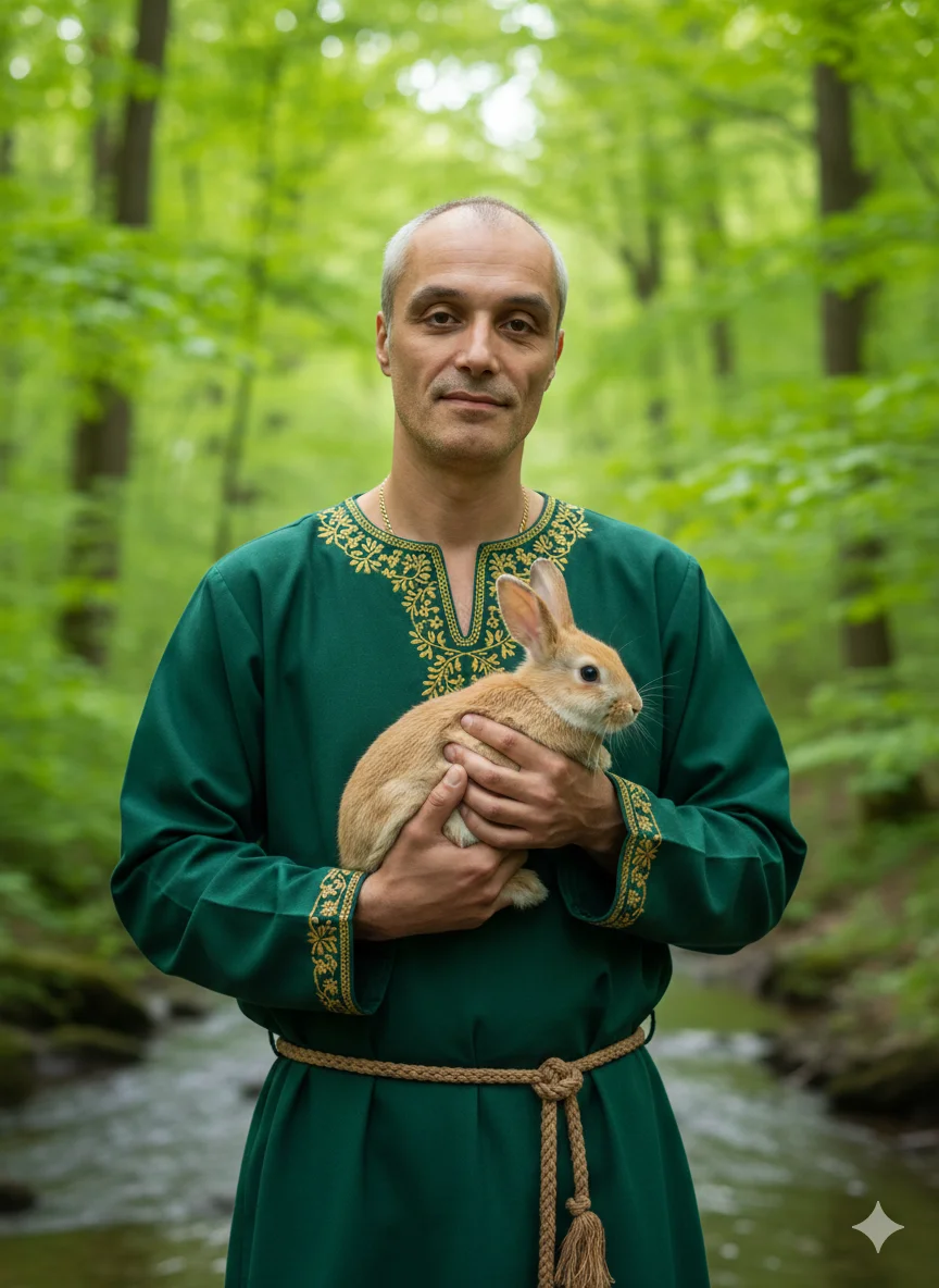 Мужчина в зелёной тунике у лесного ручья с кроликом на руках