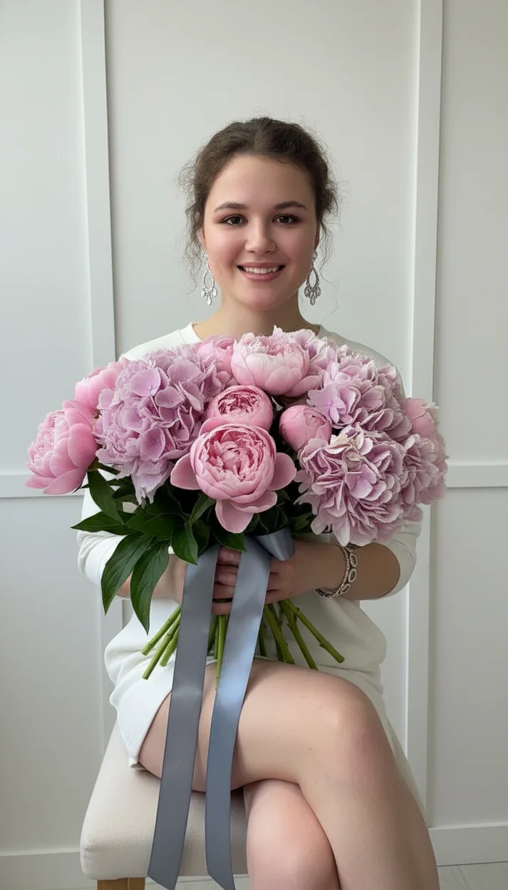 Девушка в студии с букетом пионов сидит фронтально с перекрещенными ногами мягкий студийный свет