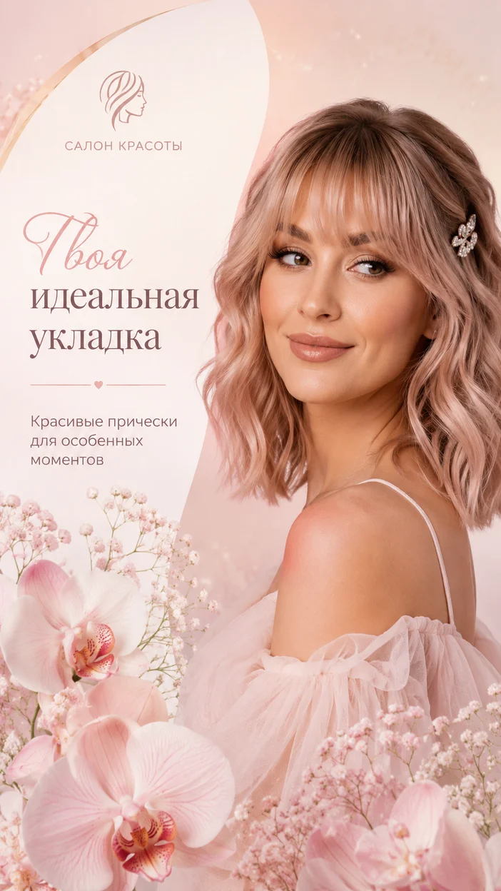 Фотосессия девушки с розово-бежевым блондом в нежном банере