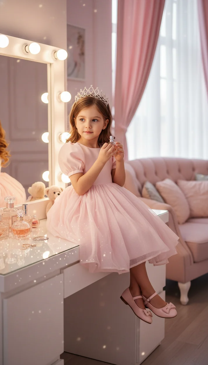  Маленькая принцесса у туалетного столика с духами — нежная розовая фотосессия