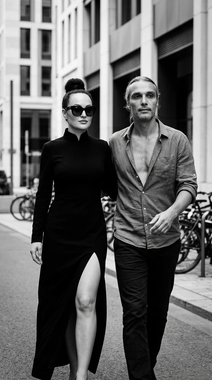 Чёрно-белая кинематографичная прогулка пары в городе