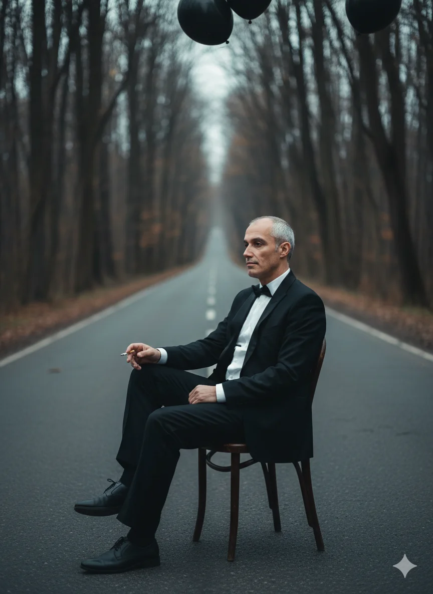 Мужчина в чёрном смокинге сидит на стуле на лесной дороге